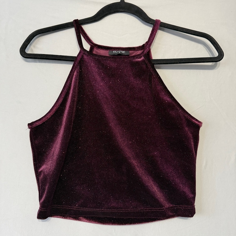 Eclipse Womens Sparkly Velvet Cropped Top Size Small Eggplant Whimsigoth Glam